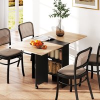 PINGGO Folding Dining Table, Drop Leaf Table with 2-Tier Shelves, Rolling Casters, for Small Spaces, Kitchen, Oak and Black