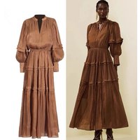 High Quality Luxury Folds Shine Women Spring Autumn V Neck Long Sleeve Lace Up Bow Elastic Waist Wedding Party Casual Dresses