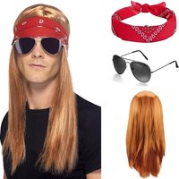 Adult Synthetic Wig Men Women Brown Straight Long Wig Sunglass Headscarf Set Hippy Rock Hip Hop Cosplay Party Fancy Costume Prop