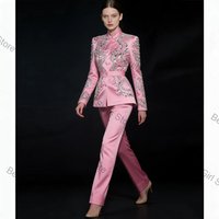 Luxury Pink Satin Women Suit Set 2 Piece Blazer+Pants Crystals Formal Office Lady Jacket Customized Wedding Coat