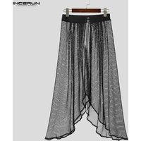INCERUN Men Irregular Skirts Mesh See Through Elastic Waist Men Bottoms Streetwear Loose Personality Fashion Casual Male Skirts
