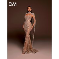Champagne Lining Beaded Embroidery Mermaid Wedding Dress Shiny Tassel Customized Bride Gown Stunning Crystals Church Wear
