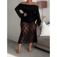 Plus Size Women's Dress Off Shoulder Long Sleeve Soft Lace Sheer Bodycon Midi Dress Sexy Spring Summer Glam Party Stretchy Dress