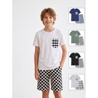 Teen Boys Pajama Set, Short Sleeve Top & Checkerboard Shorts, 5 Colors Available, Breathable Summer Homewear