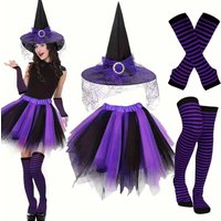 Witch Hat Cosplay Costume Striped Stockings Tutu Skirt Set Halloween Carnival Party Outfit Women Adult Fancy Dress Apparel Suit