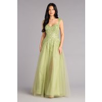 Enchanting Sage Green Tulle Ball Gown Sweetheart Neck with Cap Sleeves Beaded & Glitter Floral Embroidery High Slit Customized