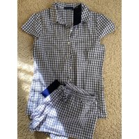 Navy Plaid Blouse Shorts 2 Piece Sets Woman Lapel Short Sleeve Tee Shirt+Drawstring Sweatshorts Vintage Sweet Cotton Slim Set