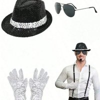 Michael Jackson Costume Accessories Set - Sequin Fedora Hat + Rhinestone Gloves + Aviator Sunglasses Halloween Cosplay Party