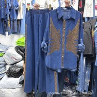 Gold Hot Diamonds Wings Women Two-piece Set Single-breasted Loose Long Sleeve Cardigans Top + Elastic Waist Wide Leg Denim Pants