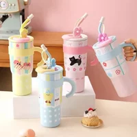 Tumbler with Handle Lid Straw Cute Cat Thermos Cup Stainless Steel Water Bottle Outdoor Travel Coffee Mug Gift Large Capacity