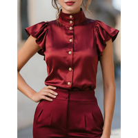 Mandarin Collar Ruffle Cap Sleeve Button Down Blouse Elegant Satin Top Formal Office Wear For Women