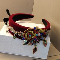 New Retro Luxury Palace Velvet Headband with Colored Rhinestones Flowers for Women