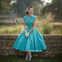 1950s Vintage Prom Dress Tea-Length Satin A-Line Lapel Buttons Elegant Party Formal Gowns For Lady Customized Evening Wear