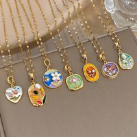 Chic Oil Painting Style Flower Pearl Enamel Abstract Necklace Fashion Golden Stainless Steel Chain Pendant Necklaces Jewelry