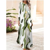 Women's Long Sleeve Round Neck Dress Vacation Style Abstract Wave Print Green White Floral Pattern Casual Summer Dress A Line