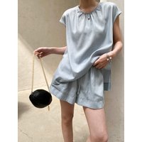 Summer women's casual solid color round neck sleeveless shirt with drawstring shorts set