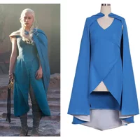 TV Series Daenerys Cosplay Targaryen Costume Blue Dress with Cape for Women Halloween Party Stage Performance Suit