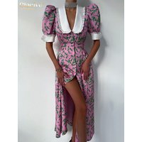 Clacive Sexy Slim Print Summer Dress Casual Doll Collar Short Sleeve Midi Dress Elegant Single Breasted Slit Party Dresses Women