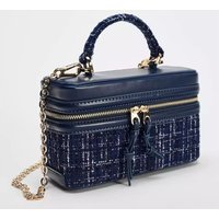 Textured Blue Tweed Mini Handbags For Women Patch Pu Leather Satchels Box Zipper Packs Female All-match Commute Crossbody Bags