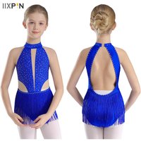 Kids Girls Fringed Latin Dance Dress Sleeveless Shiny Rhinestone Mesh Splice Leotard Gymnastics Ice Skating Performance Costume
