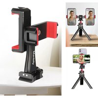 360° Rotatable Dual Cell Phone Holder Clip Clamp 4 Cold Shoe, 1/4'' Screw Tripod Monopod Selfie Stick Vlog Live Streaming Video