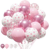 20PCS Pink Bow Balloons, Pastel Light Pink Transparent White Bow Print Coquette Balloon for Girls Women Birthday Wedding