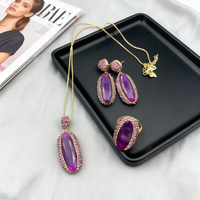 Vintage Purple Natural Malay Jade Jewelry Set For Women Inlaid Rhinestone Oval Large Crystal Necklace Earring Lady Wedding Party