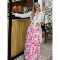 HH Women's Pink Floral Print High Waist Midi Skirt Pleated A Line Skirt for Spring Summer Elegant Women Evening Skirts