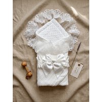 Newborn Multi-functional Ceremonial Blanket Lace Bow Dot Velvet Comfort Blanket Baptism Photography Outfit