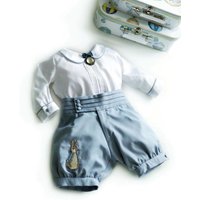 0-6Y Baby Boy Summer Rabbit Embroidery Letter Customized Blue Rompers White Shirt Set for Easter Eid Birthday C93