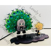 Anime Cloud Strife Sephiroth Cosplay Cartoon Moon-shaped Fan Standing Sign Acrylic Stand Figure Round Silk Fans Ambitus Gift