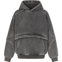 Front Pocket Spliced Hooded Sweatshirts Mens Autumn Winter Fleece Retro High Street Washed Distressed Long Sleeve Hoodies Man