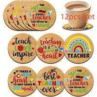 12pcs Retro Wooden Coasters with Colorful Teacher's Day Gratitude Quotes Design Thanksgiving Coffee Coaster for Holiday Gift