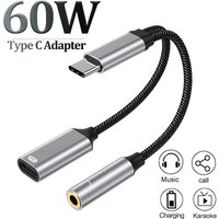 60W USB C to 3.5mm AUX Cable Converter 2 In 1 Type C to 3.5mm Wired Headphone Jack Adapter Audio Cable For iPhone Xiaomi Huawei