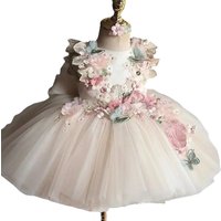 Custom Pink Floral Butterfly Tulle Flower Girl Dress First Christmas Dress Wedding Party Gown for Girls فساتين اطفال