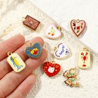 2 PCs Brass Charms Heart Rectangle Double-Sided Flower Lobster Printed 18K Gold Plated Pendants DIY Necklace Jewelry Findings