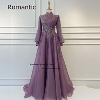 Romantic Modest Tulle Dubai Arabic Women Evening Dresses Moroccan Kaftan Full Sleeves Long Party Dress Saudi Arabia Prom Gowns