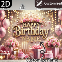 1pc Pink Gold Princess Happy Birthday Custom Name Backdrop Banner for Party Decor