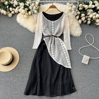 2026 Irregular Knitted Women Sets Loose Long Sleeves Sweater+ Solid Dress French Style Casual Two Piece Set