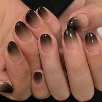 24PCS Black French Pointed Nail Halloween Medium Almond Fake Nail Black Gradient Design Glossy Acrylic Women'S Nail Art