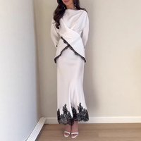 Sexy Lace Patchwork Solid Party Outfits Casual Long Sleeve Draped Slim 2Pc Suit Elegant O-neck Tie Up Waist Top & Long Skirt Set