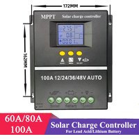 MPPT 100A 80A 60A Solar Charge Controller 12V 24V 36V 48V Solar Panel Lead Acid/Lithium Battery Regulator Dual USB for Home Use