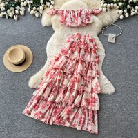 Women Two Piece Sets Cake Skirt Set Off Shoulder Print Floral Tops Long Skirts A Line High Waist Y2k Streetwear Elegant Slim Fit