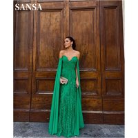 Sansa Customize Green Pleated Ruffle Prom Dress Strapless Detachable Shawl Vestidos De Noche Floor-Length A-line Evening Dresses
