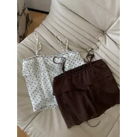 Summer New Vest Silk Blend Drawstring Camisole Top With Retro Women's Tank Black And White Polka Dot Print Off Shoulderfashion