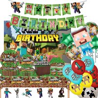 Hot Game My World Birthday Party dinnerware Disposable Banner Cake Topper Hanging Flag Pixel World Balloons Birthday Decoration
