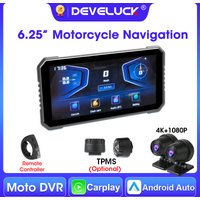 Develuck 6.25" 4K+1080P Motorcycle DVR GPS Navigation Wireless CarPlay Android Auto Bluetooth Dual Lens Moto Remote Controller