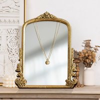 Vintage French Baroque Ornate Wall Mirror Arched Gold Wooden Frame Tabletop Vanity Mirror for Living Room Bedroom Decor
