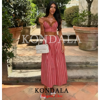 KONDALA Sexy Trendy Strip Print Women Suit V-Neck Corset Short Tops Midi Skirts Fashion 2026 Spring Summer Beach Holiday Sets