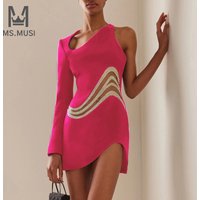 MSMUSI 2024 New Fashion Women Sexy One Shoulder Long Sleeve Crystal Hollow Out Lace Bandage Party Club Bodycon Event Mini Dress